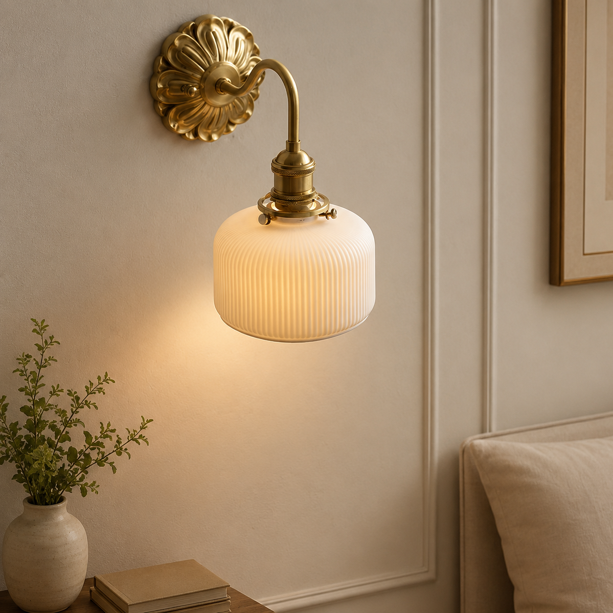 Wall-mounted lamp with ribbed glass shade in a bedroom setting